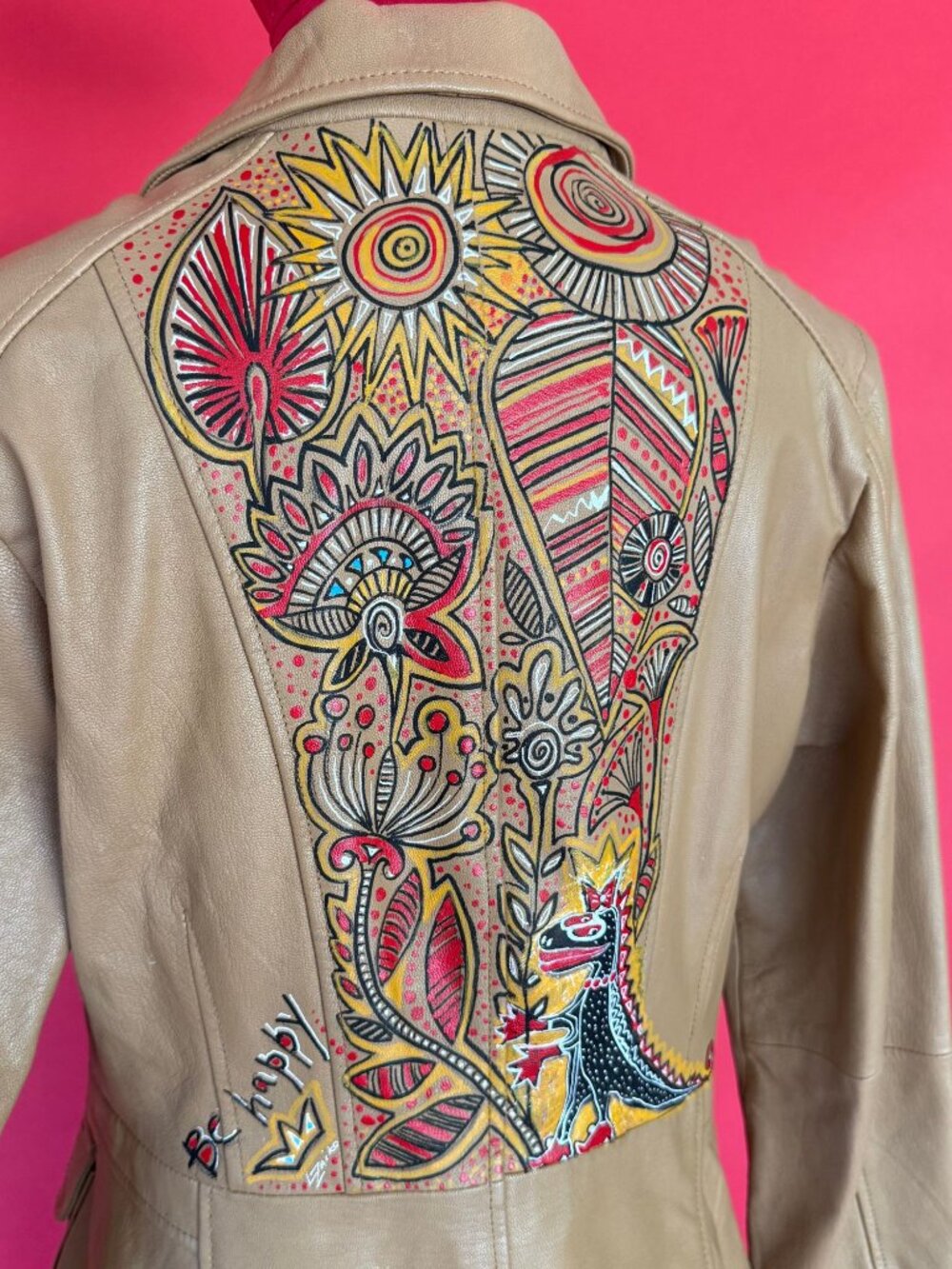 Hand Painted Leather Jacket | Upcycled Beige Safari Jacket with Folk Art Flowers